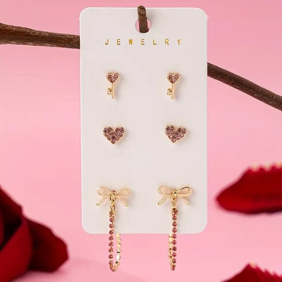 NEW 3 Pairs Pink & Gold Earrings, Key Heart Bow Hoop Jewelry Set, coquette bow - Picture 2 of 2